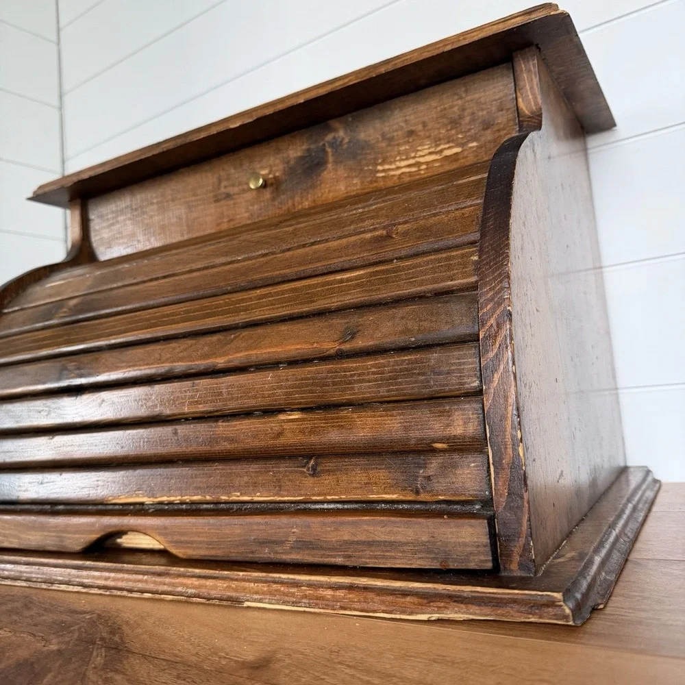VTG XL Roll top Bread Box W/Drawer Cottagecore Rustic Farm Prairie Kitchen *Flaw